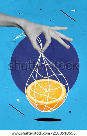 Photo cartoon comics sketch picture of arm palm holding net bag citrus half inside isolated drawing background