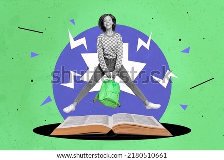 Creative collage portrait of small girl black white gamma jump hold bag rucksack big opened book isolated on drawing background Royalty-Free Stock Photo #2180510661