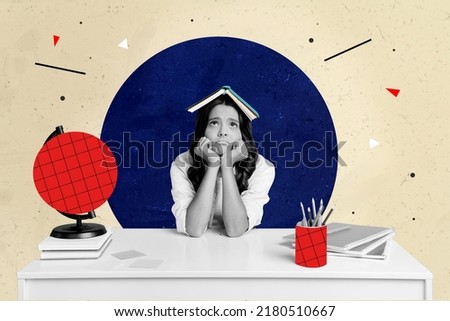 Creative collage picture of unsatisfied girl black white colors book head hands touch cheeks isolated on painted background Royalty-Free Stock Photo #2180510667