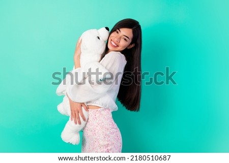 Photo of romance nice lady cuddle soft white toy bear valentine day present isolated cyan color background