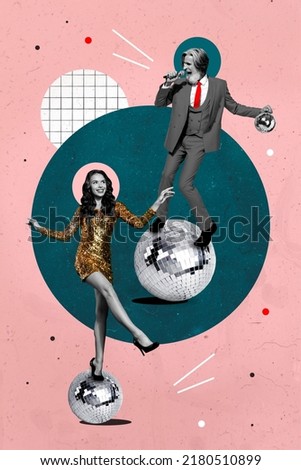 Vertical poster collage photo of two people sing dance wear glamour cloth isolated on drawing pink color background