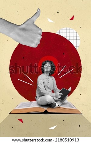 Vertical collage picture of happy smiling small boy sit huge book read hand fingers show thumb up isolated on creative background