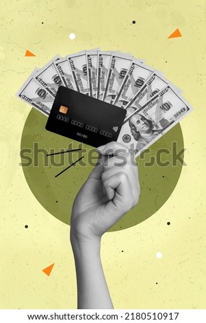 3d retro abstract creative artwork template collage of arm rising credit card cash money fan isolated painting background