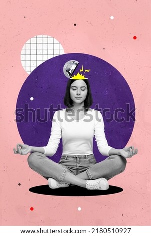 Vertical poster collage photo of millennial lady meditate open head wear casual cloth isolated on painting pink color background Royalty-Free Stock Photo #2180510927