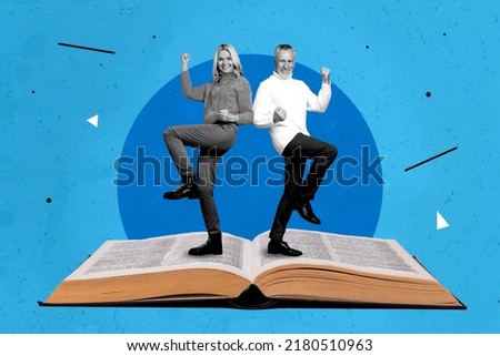 Artwork magazine picture of funky funny guy lady rising fists standing big open book isolated drawing background