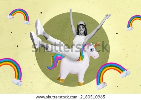 Creative collage portrait of overjoyed carefree girl black white colors sit toy unicorn raise hands isolated on drawing background
