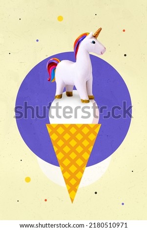 Vertical collage image of painted ice cream small unicorn top isolated on creative drawing background
