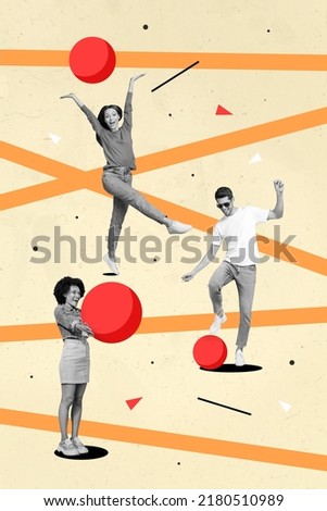 Photo artwork minimal picture of happy smiling people group playing red balls isolated drawing background