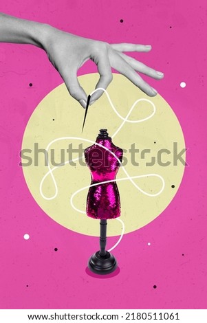 Creative retro 3d magazine image of palm sewing fancy dress isolated drawing pink neon background Royalty-Free Stock Photo #2180511061