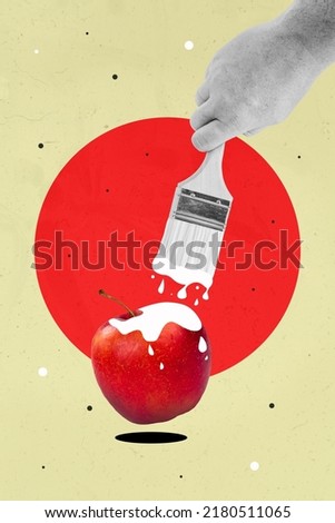 3d retro abstract creative artwork template collage of arm realistic painting red apple isolated drawing background