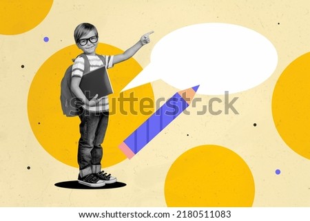 Collage portrait of small boy black white effect indicate finger pencil empty space dialogue bubble isolated on drawing background