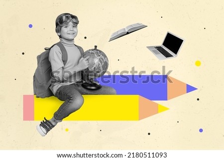 Artwork magazine picture of small boy flying ukrainian flag pencil rocket education universe isolated drawing background