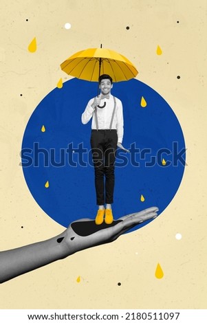 Vertical poster collage photo of young man jump raining wear formalcloth isolated on drawing beige color background