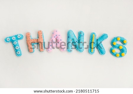 Stuffed felt letters with decorations. Word "Thanks"  on isolated neutral background.  Handmade crafts. Flat lay.