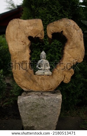 Buchholz, Germany 2014, Nature and Macro photograph. Buddha statue sitting in meditation inside a wood peace.

