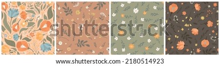 Set of vector seamless patterns of flowers and leaves. Simple modern illustration for trendy fabrics, wallpaper, wrapping paper, linens in orange colors. Royalty-Free Stock Photo #2180514923