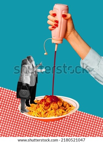 Contemporary artwork. Creative design. Senior couple looking at delicious pasta preparation. Adding ketchup for additional taste. Concept of creativity, pop art, food, retro style. Copy space for ad