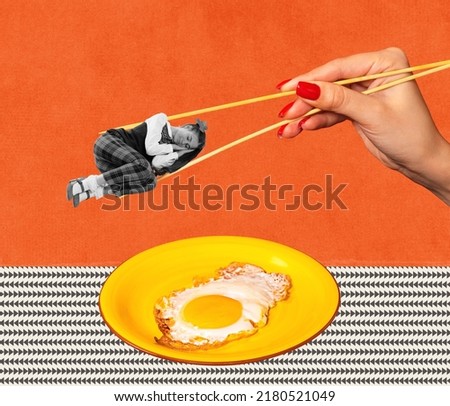 Contemporary art collage. Creative design with female hands holding sleeping teen girl with chopsticks over fried eggs. Morning, breakfast. Concept of creativity, pop art, food. Copy space for ad