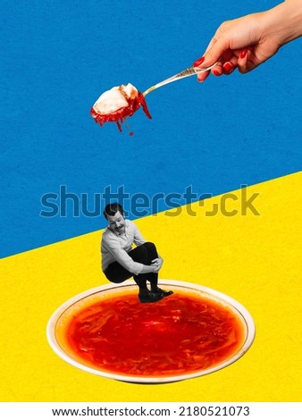 Contemporary art collage. Creative design. Cheerful man jumping into traditional Ukrainian dish - borshch. Concept of traditions, surrealism, creativity, pop art style, food. Copy space for ad
