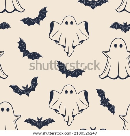 Halloween Background. Halloween seamless pattern. Vintage ghosts with bat silhouettes isolated on white background. Vector illustration