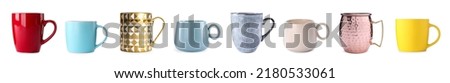 Set with different beautiful cups on white background. Banner design Royalty-Free Stock Photo #2180533061