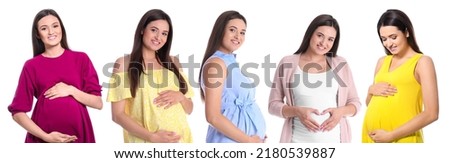 Collage with photos of happy pregnant woman on white background. Banner design