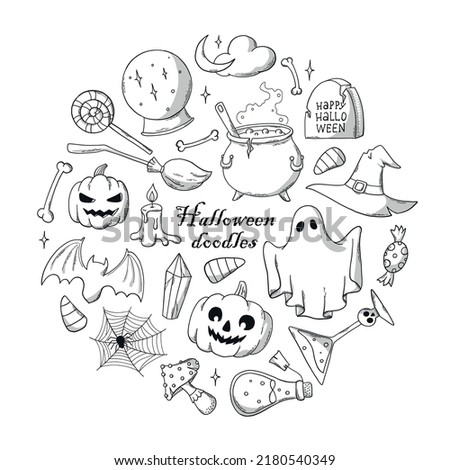 set of hand drawn Halloween doodles isolated on white background. Good for coloring pages, stickers, prints, cards, labels, tags, icons, clipart, etc. EPS 10
