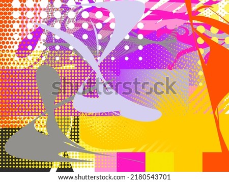 Colorful abstract with warm colors, halftone brush, polka dots, yellow, red, orange, pink, white, black. Street style, graffiti.