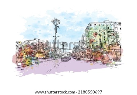 Building view with landmark of Netanya is the 
city in Israel.  Watercolor splash with hand drawn sketch illustration in vector.