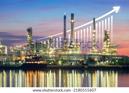Oil gas refinery or petrochemical plant. Include arrow, graph or bar chart. Increase trend or growth of production, market price, demand, supply. Concept of business, industry, fuel and power energy. Royalty-Free Stock Photo #2180555607