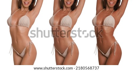 Young woman with beautiful body on white background, closeup. Collage showing stages of suntanning