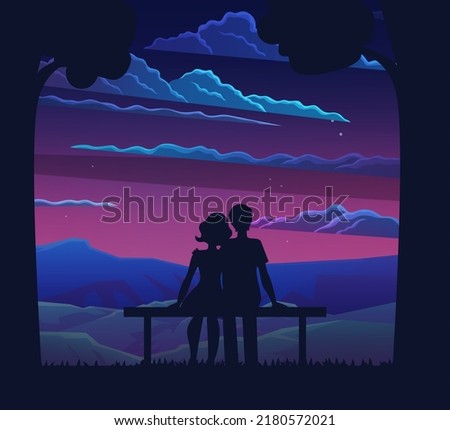 Couple in love cuddling and sitting on bench at night time, admiring sunset romantic date concept, silhouette of man and woman having good time together. On background cloudy sky and forest Royalty-Free Stock Photo #2180572021