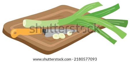 Leek is lying on a cutting board with a knife. Hand drawn vector illustration. Suitable for website, stickers, postcards, menu. Royalty-Free Stock Photo #2180577093