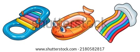 Cartoon set of cute doodle kids inflatable water mattresses. Summer swimming toys colorful vector funny illustration. Isolated on white background