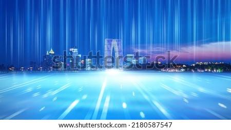Panoramic urban architecture, cityscape with space and neon light effects. Modern hi-tech, science, futuristic technology concept. Abstract digital high-tech city design for banner background