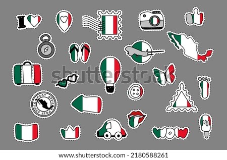 Patriotic travel stickers set in colors of national flag on white background. Mexico