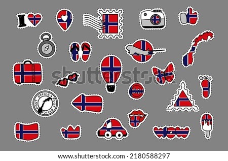Patriotic travel stickers set in colors of national flag on white background. Norway