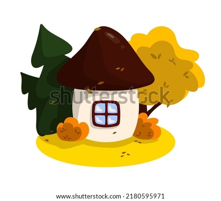 Cute autumn house in the form of a mushroom on the edge. Illustration Vector graphics with autumn forest	