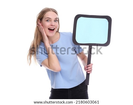 Wow. Surprised lady holding white empty board for advertisement and looking at camera with open mouth, isolated on white. Woman with blank advertisement placard, empty space for text