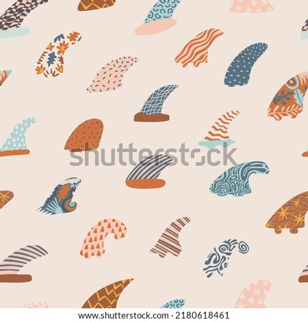 Seamless pattern with surfing fins. Hawaiian summer background. Design for textile, wallpaper, wrapping, backdrop. Vector illustration. 
