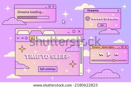 Vector retro vaporwave computer interface. Cute illustration with Sweet Dreams and Good Night messages. Clouds and stars. Magic desktop. Royalty-Free Stock Photo #2180622823