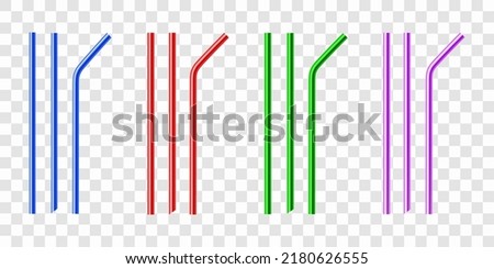 Set of multicolored reusable metal drinking straws. Realistic vector illustration isolated on transparent background.