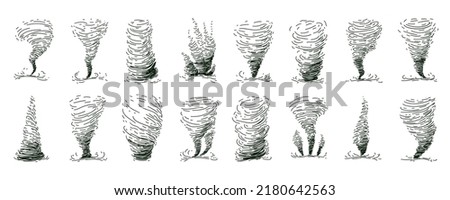 Collection of circle dust spin fast twirl blow eddy blizzard isolated on white sky backdrop. Freehand outline black ink hand drawn tornado sketch set in art scribble on white background landscape. Royalty-Free Stock Photo #2180642563