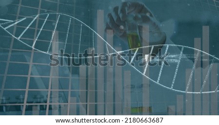 Image of interference and dna strand over caucasian scientist in lab. Global science, computing and digital interface concept digitally generated image.