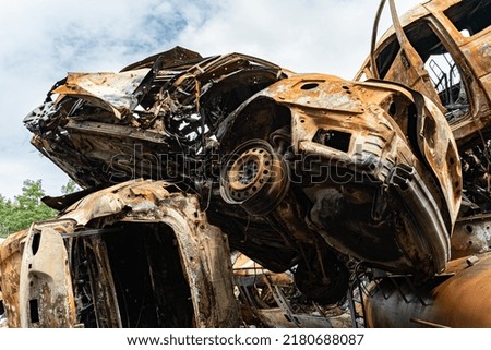 Consequences of the war in Ukraine - destroyed cars in Irpin, Bucha district.