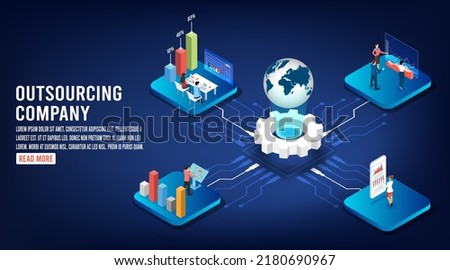 3D isometric outsourcing company concept with Idea of teamwork, project delegation, business strategy, software development service.  Vector illustration eps10 Royalty-Free Stock Photo #2180690967