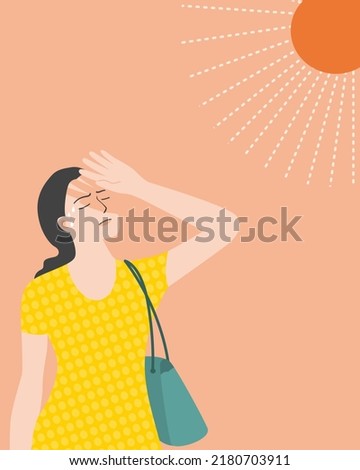 A beautiful woman under the sun and to become a heat stroke. Flat vector illustration. Royalty-Free Stock Photo #2180703911