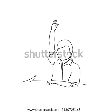 One continuous line of a male student raises hand. Minimalist style vector illustration in white background.
