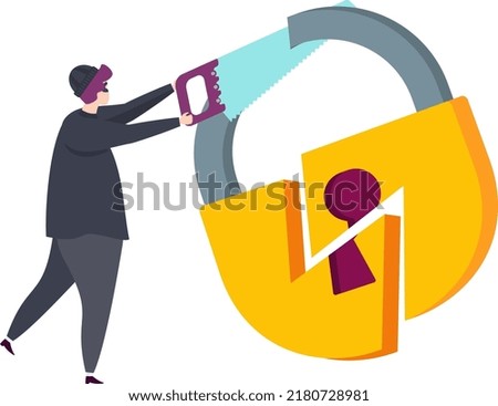 Hacker hacks into lock. Cyberattack and computer Scams. Cyber criminal. Flat vector illustration.