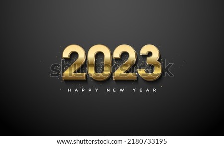 Shiny gold 2023 new year greetings on black background Royalty-Free Stock Photo #2180733195